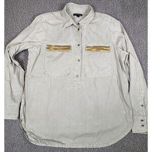 J. Crew Button Up Women Olive Green Size 10 Gold Beaded Accent Pockets Cotton